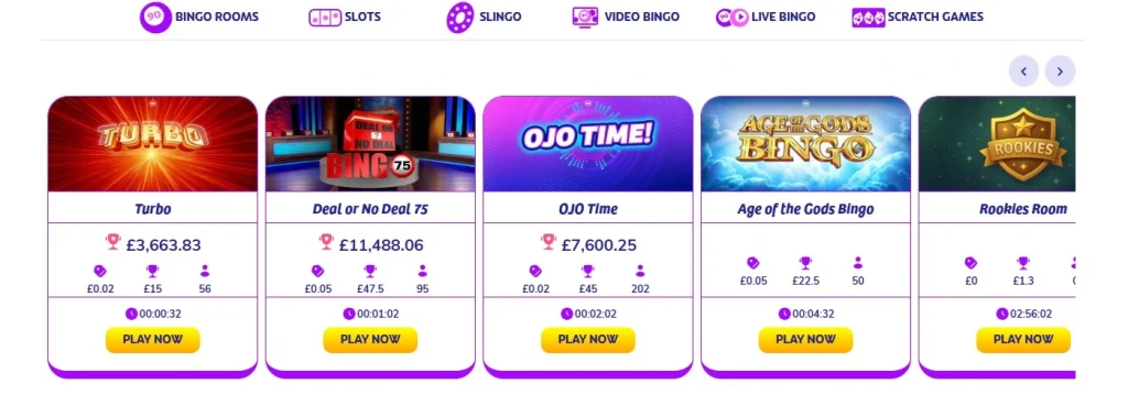 Current PlayOJO UK bingo page showing real bingo rooms and categories