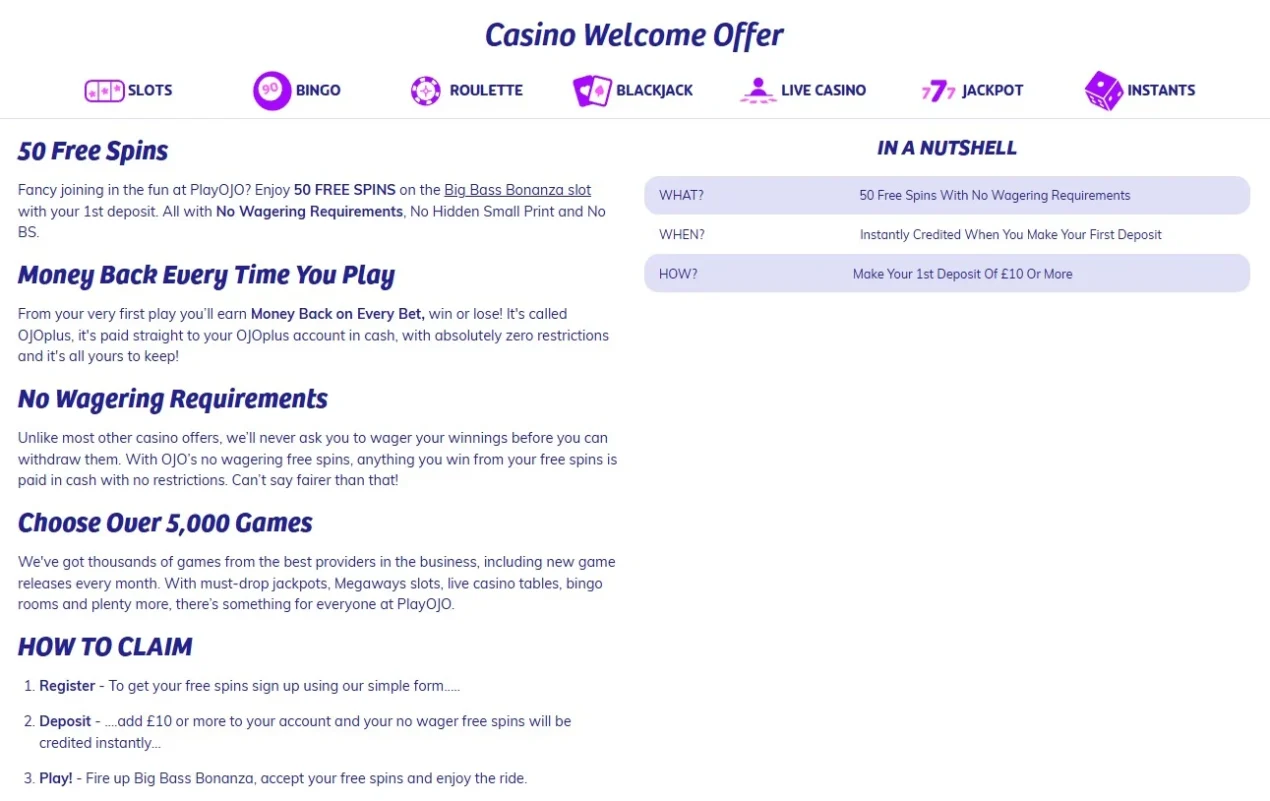 Current PlayOJO welcome offer page showing 50 free spins, a £10 qualifying first deposit and no wagering messaging