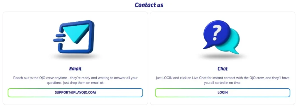 PlayOJO Help page showing the official support email and logged-in live chat route