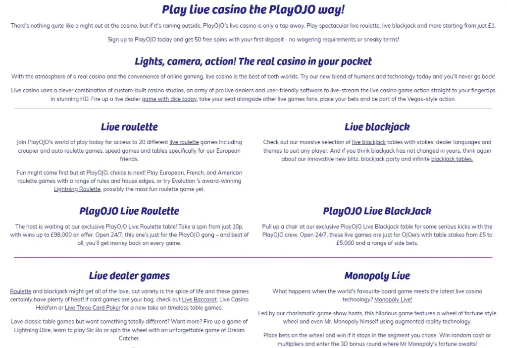 Current PlayOJO live casino lobby showing real live dealer categories and provider branding