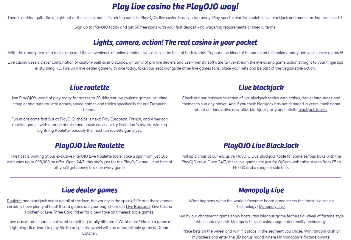 Current PlayOJO live casino lobby showing real live dealer categories and provider branding