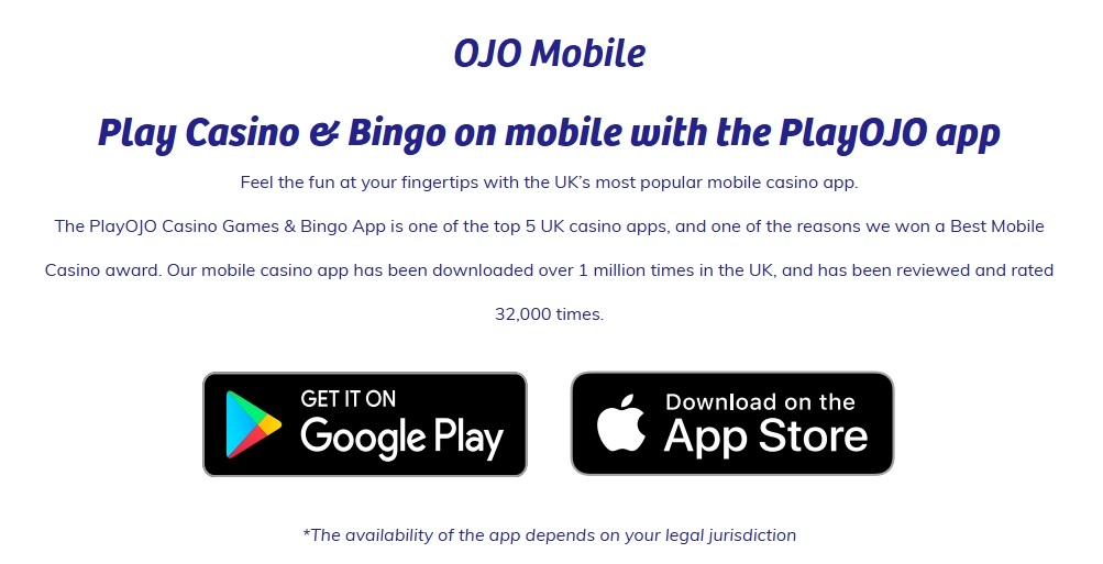 Current PlayOJO mobile page or official UK app store listing showing genuine mobile access options