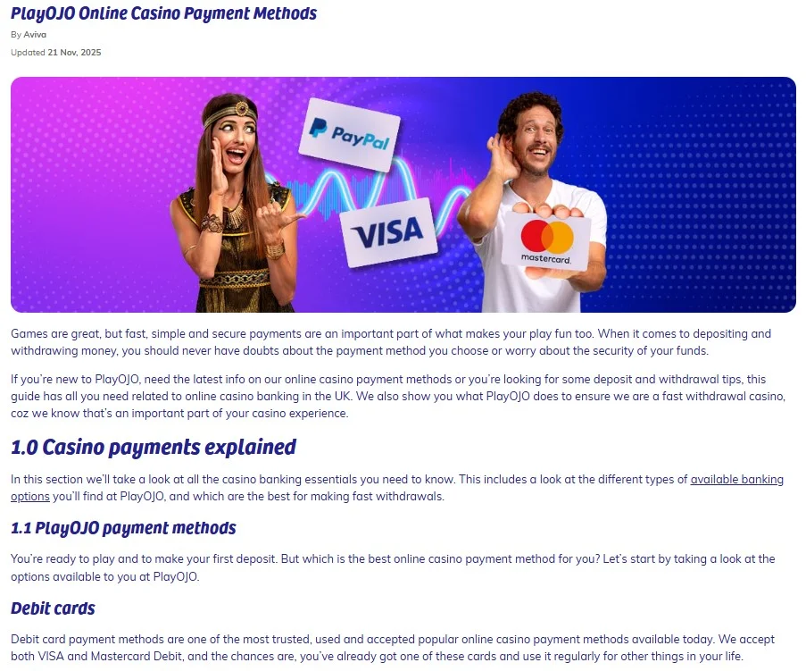 PlayOJO UK banking options and payment categories