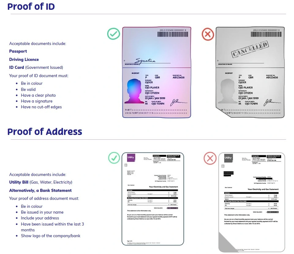 PlayOJO identity, address and bank-card document categories