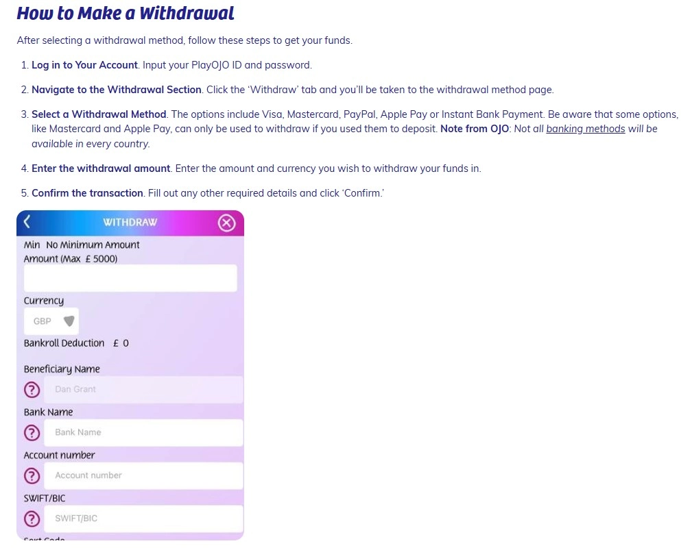 PlayOJO withdrawal methods, limits and processing information