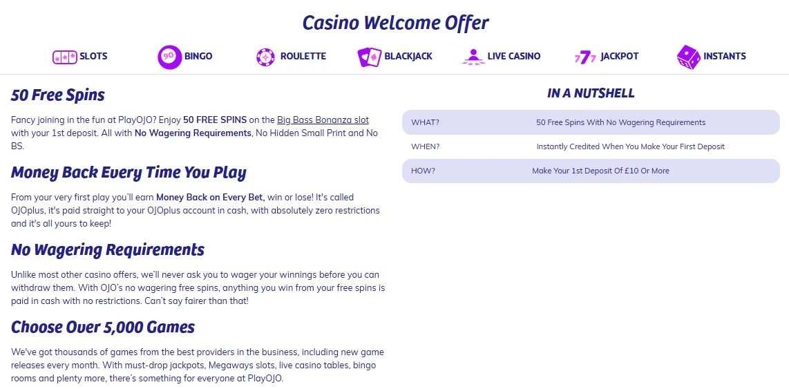 Current PlayOJO UK-facing homepage or welcome-offer area
